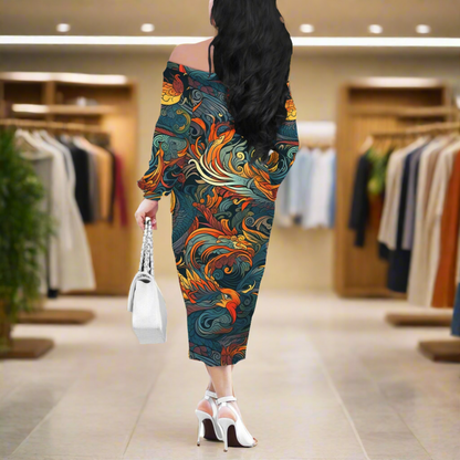 Majestic Dragon and a Graceful Phoenix Women Long Sleeve Off Shoulder Midi Dress