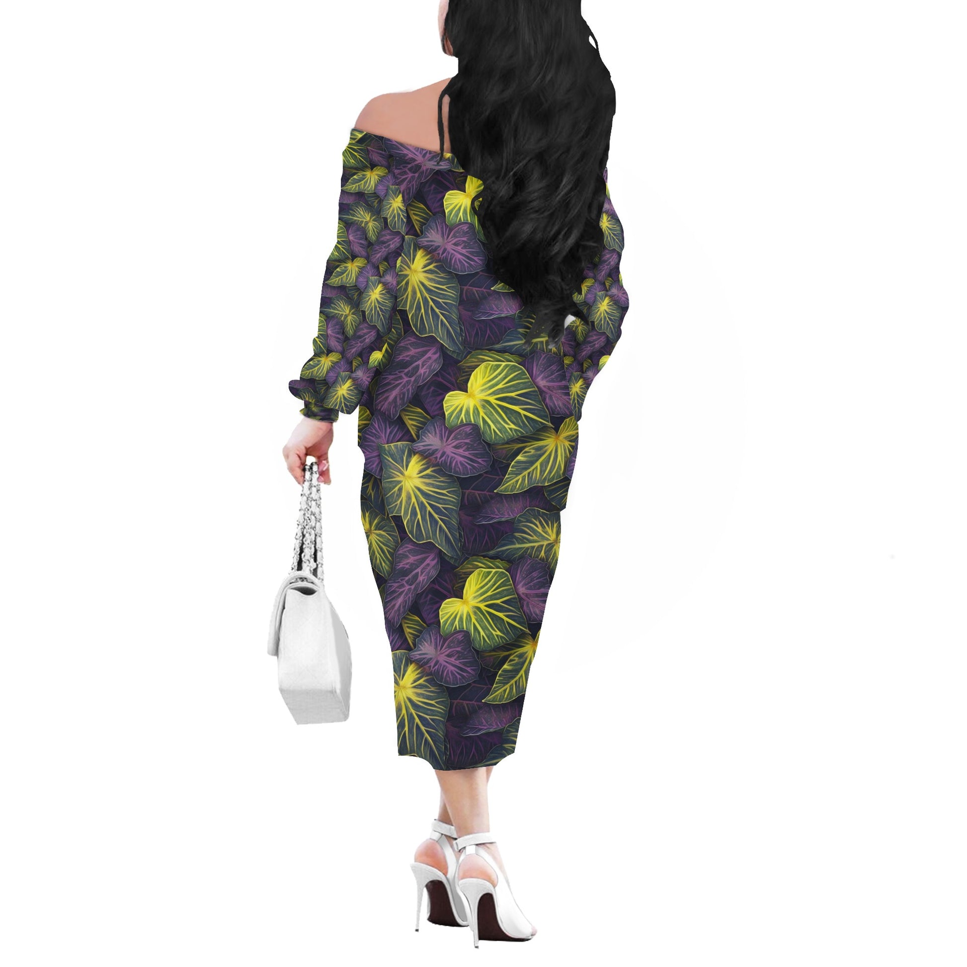 Luxtrini Iridescent Syngonium: Purple and Yellow Women's Long Sleeve Off-Shoulder Dress - Elegant, Botanical Inspired, Perfect for Various Occasions