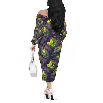 Luxtrini Iridescent Syngonium: Purple and Yellow Women's Long Sleeve Off-Shoulder Dress - Elegant, Botanical Inspired, Perfect for Various Occasions