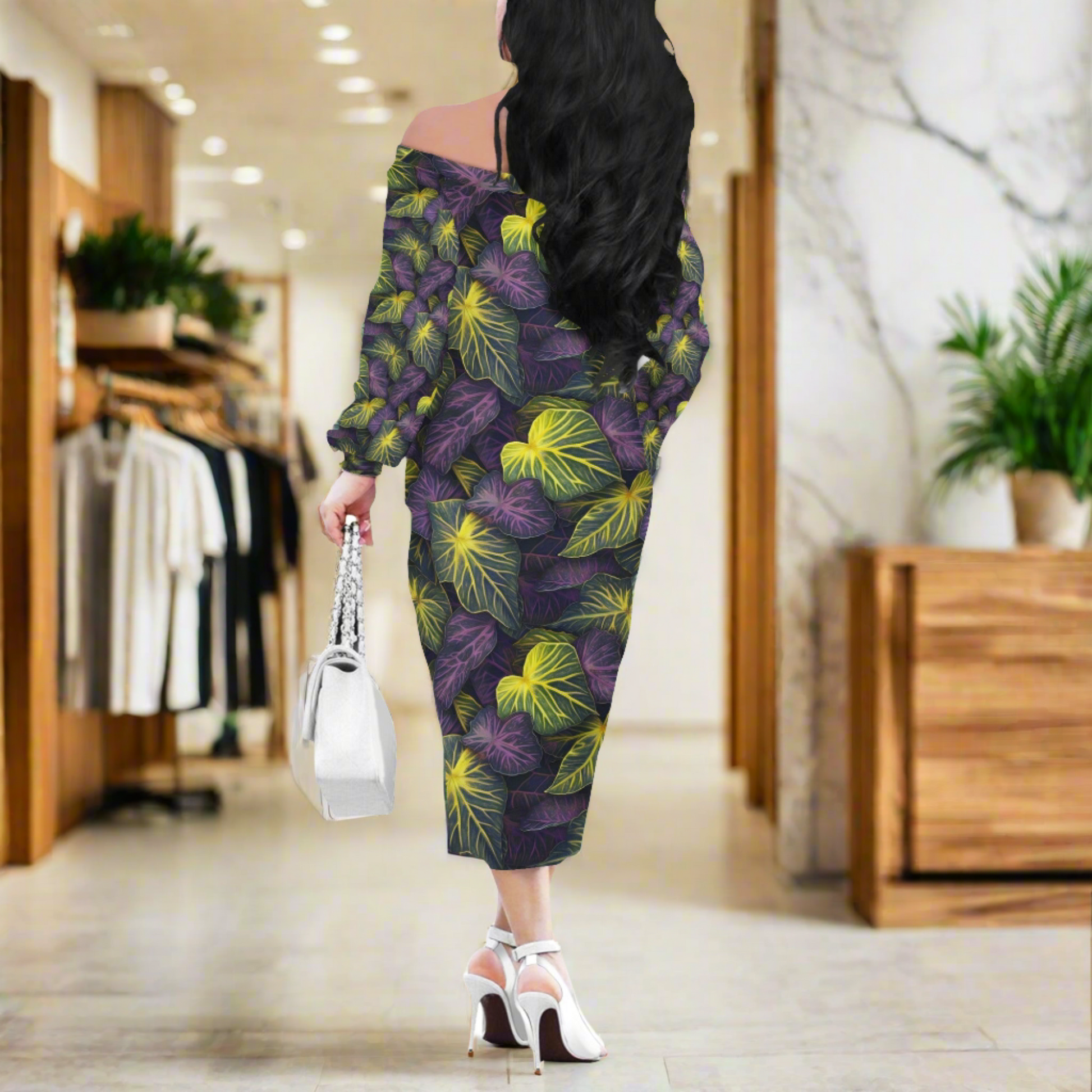 Luxtrini Iridescent Syngonium: Purple and Yellow Women's Long Sleeve Off-Shoulder Dress - Elegant, Botanical Inspired, Perfect for Various Occasions