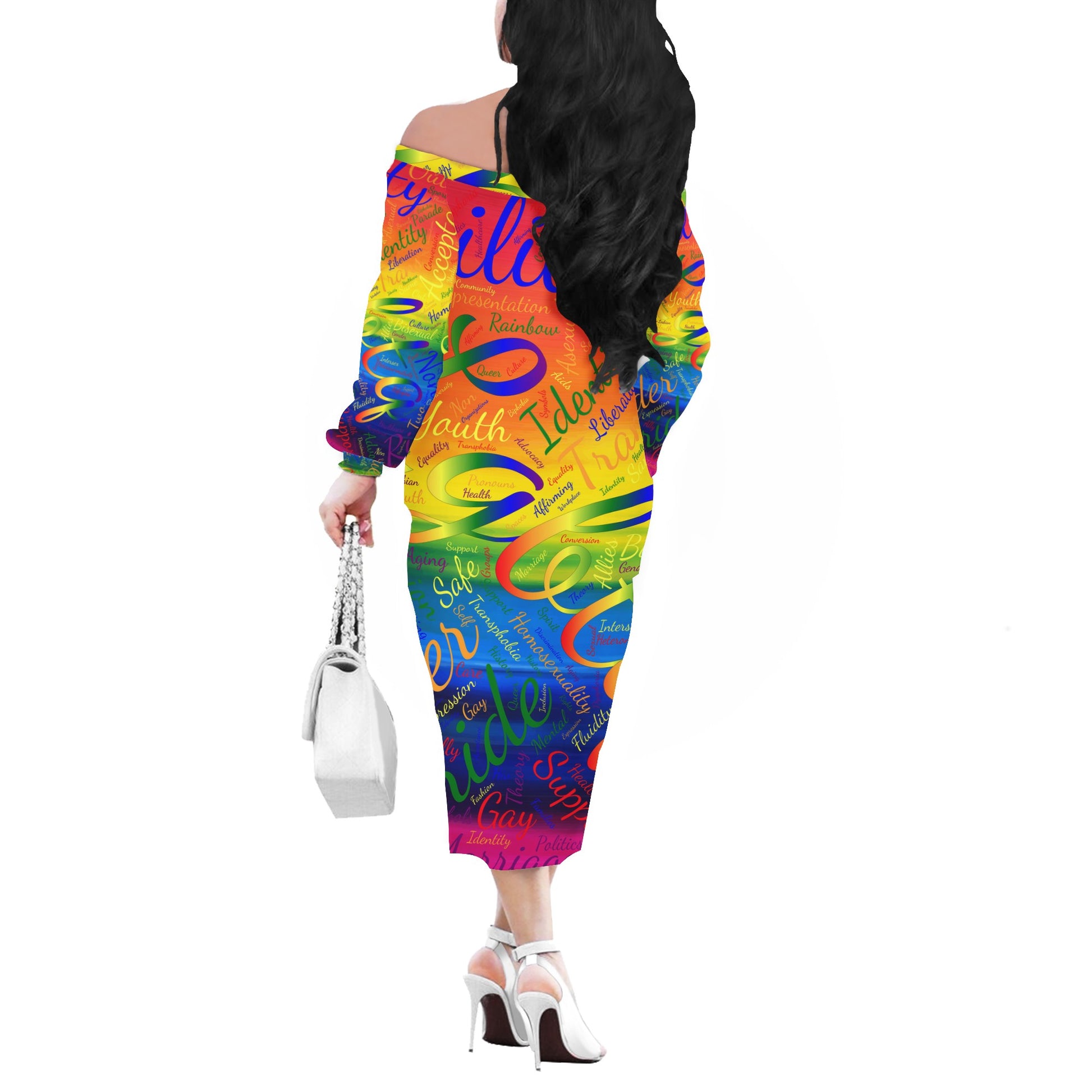LGBTQ Word Cloud Women's Long Sleeve Off-Shoulder Dress - Empowering, Stylish, Perfect for All Occasions