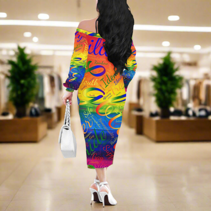 LGBTQ Word Cloud Women's Long Sleeve Off-Shoulder Dress - Empowering, Stylish, Perfect for All Occasions