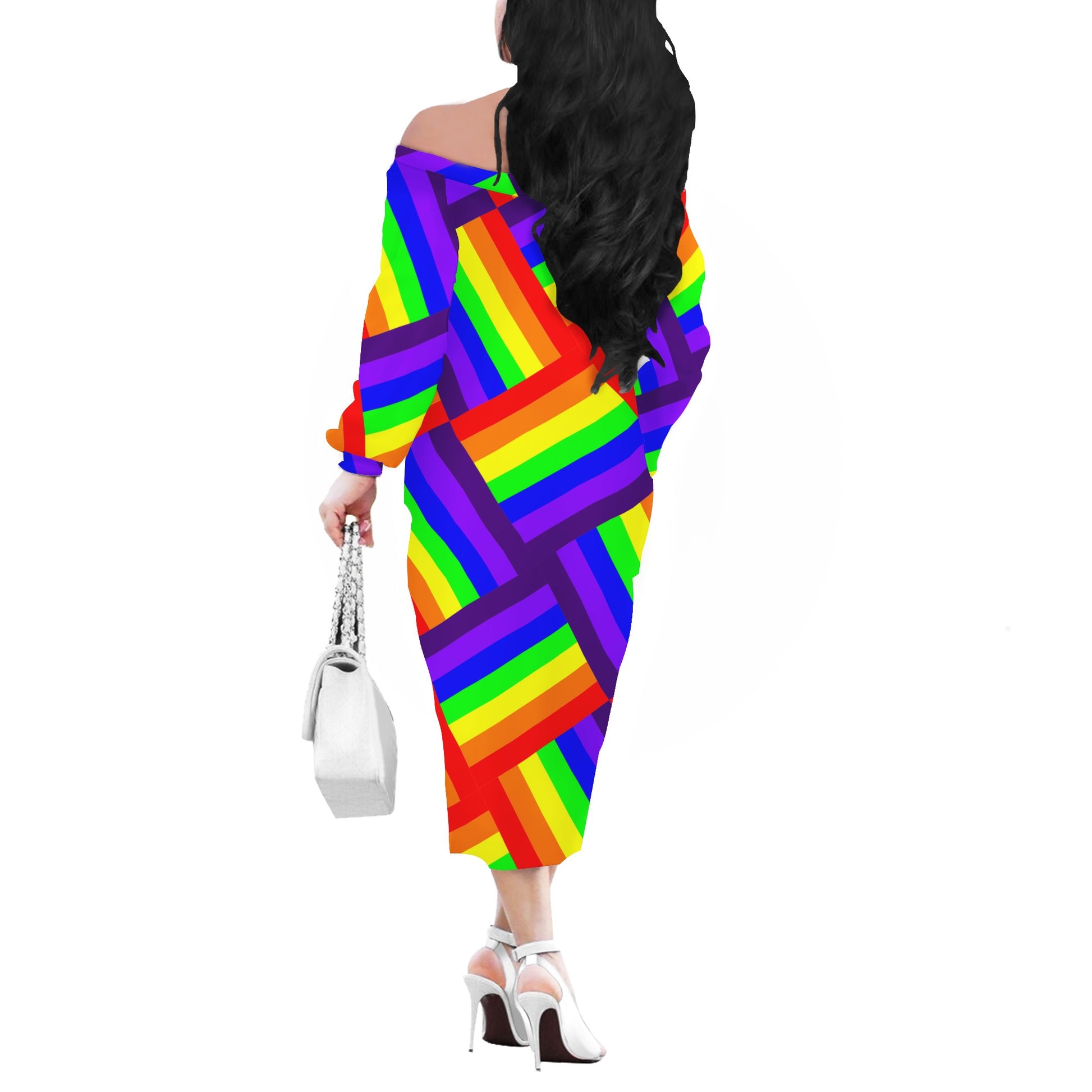 Rainbow Weave Women Long Sleeve Off-shoulder Dress