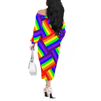 Rainbow Weave Women Long Sleeve Off-shoulder Dress