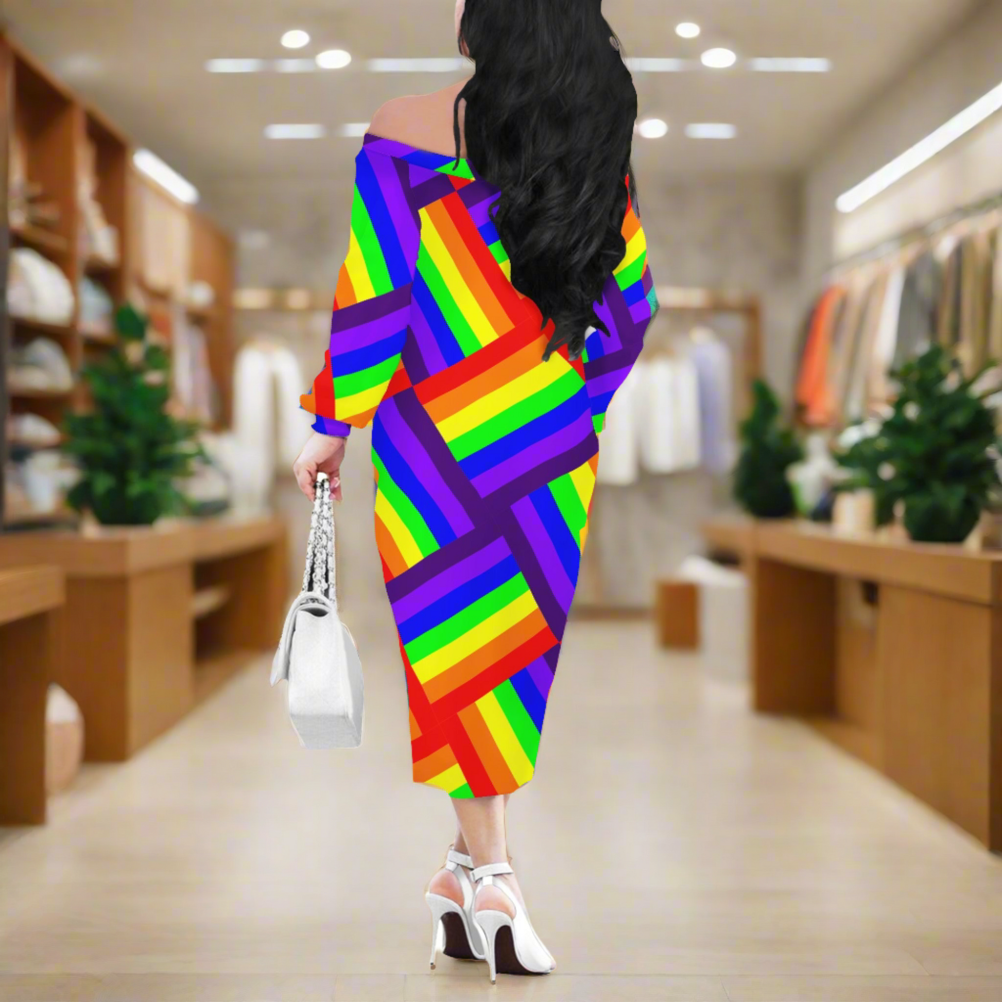 Rainbow Weave Women Long Sleeve Off-shoulder Dress
