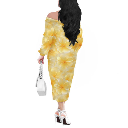 Yellow Plumeria Women's Long Sleeve Off-Shoulder Dress - Elegant, Floral Full-Length, Perfect for Various Occasions