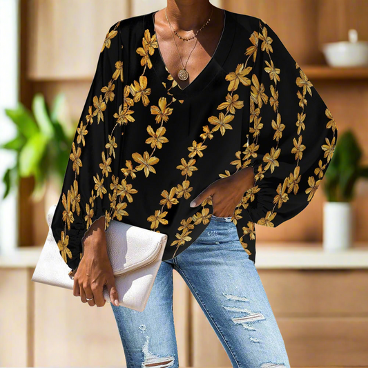 Black and Gold Tropical Lei V-Neck Chiffon Puff Sleeve Blouse by Luxtrini