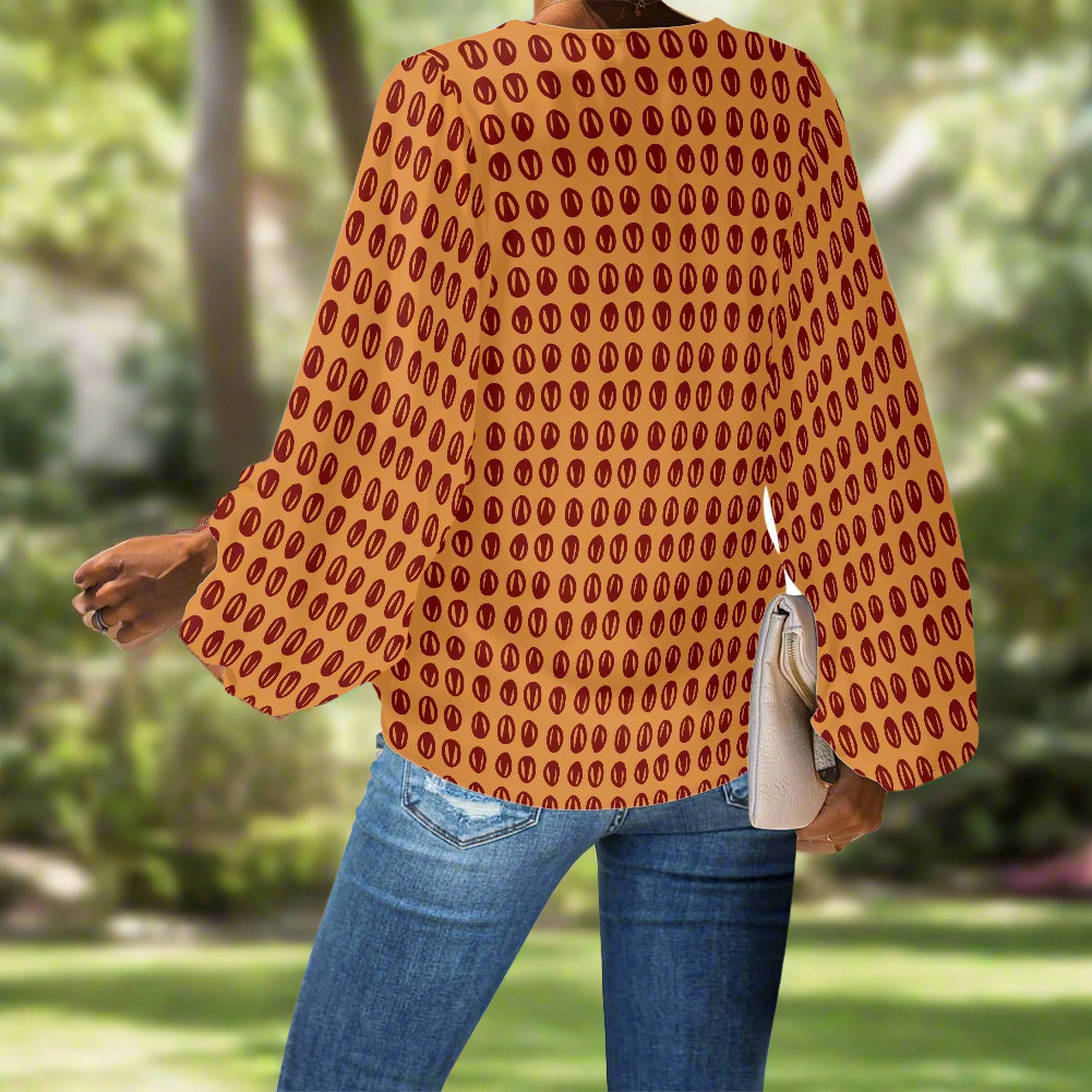 Ethnic Polka Dot Mudcloth V-Neck Chiffon Puff Sleeve Blouse by Luxtrini