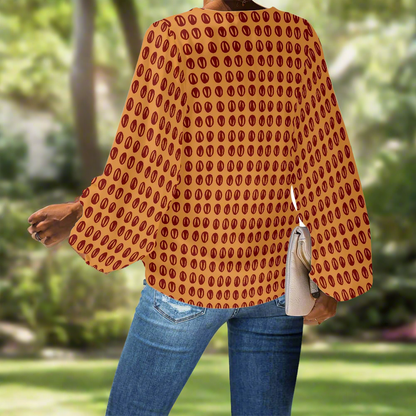 Ethnic Polka Dot Mudcloth V-Neck Chiffon Puff Sleeve Blouse by Luxtrini