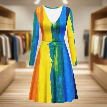 Rainbow Painting Women V-Neck Long Sleeve Ruffle Dress