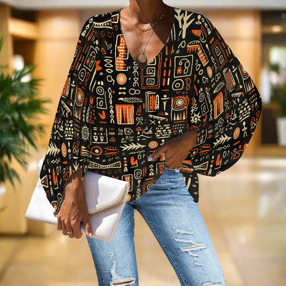 African Ethnic Glyphs V-Neck Chiffon Puff Sleeve Blouse by Luxtrini