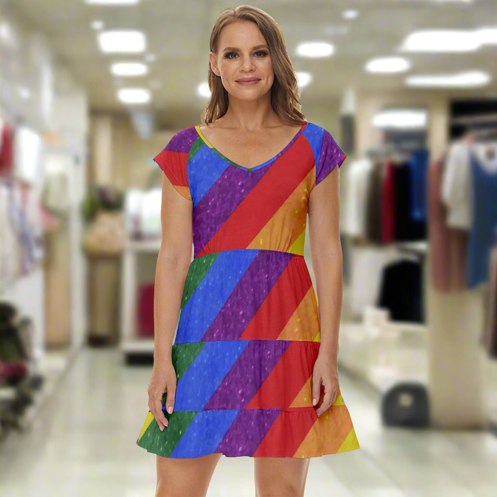 LGBTQ Pride Short Sleeve Tiered Mini Dress - Rainbow Pride by Luxtrini