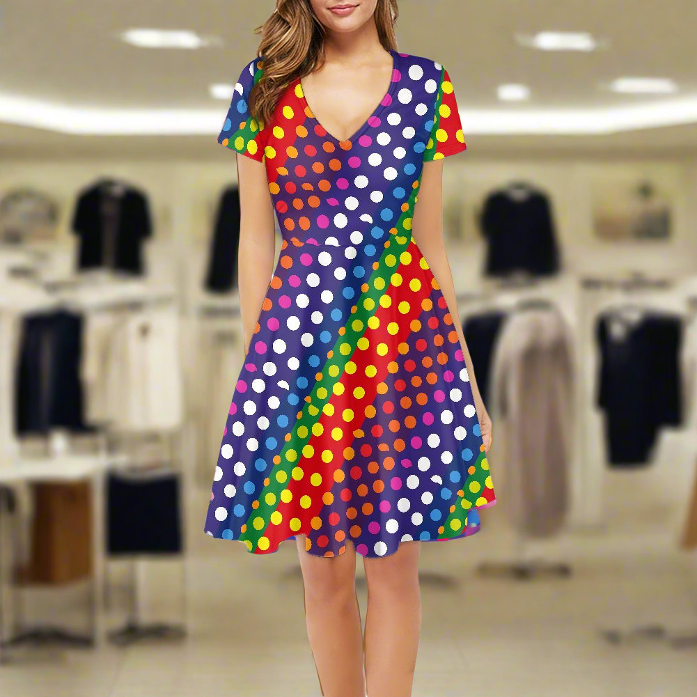 LGBTQ-Friendly Rainbow Polka Dot V-Neck Women Short Sleeve Ruffle Dress by Luxtrini