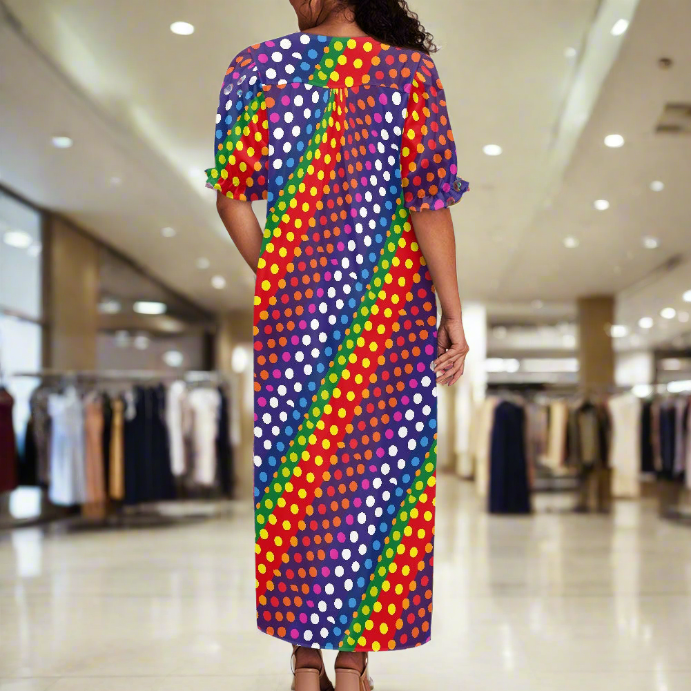 LGBTQ-Friendly Rainbow Polka Dot 
Elegant Loose-Fit Maxi Dress with Half Puff Sleeves, Button-Down Front, and Gathered Yoke – Perfect for Summer by Luxtrini