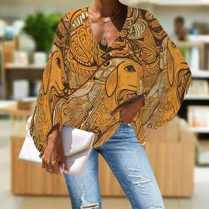 African Ethnic Dog pattern V-Neck Chiffon Puff Sleeve Blouse by Luxtrini