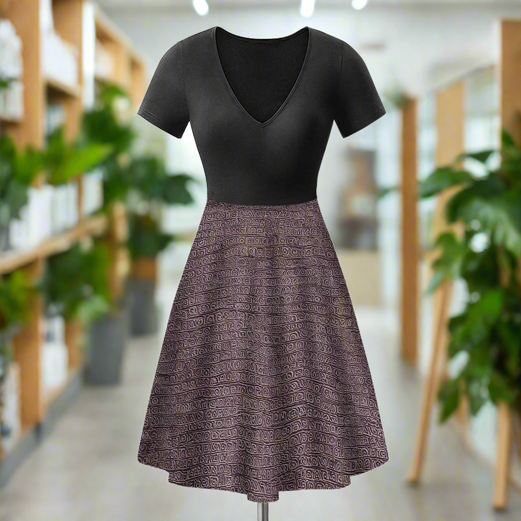 African | Ethnic | Mudcloth | V-Neck Black V-Neck Women Ruffle Bottom Dress