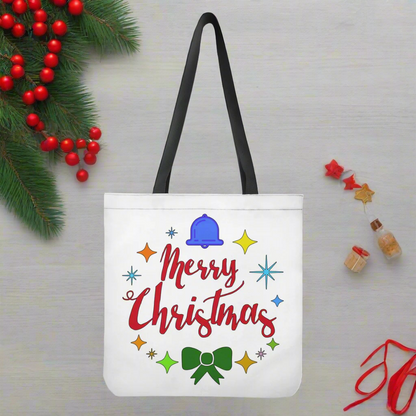 Handmade White Christmas Tote Bag | Merry Christmas Cloth Tote | Eco-Friendly Holiday Gift Bag