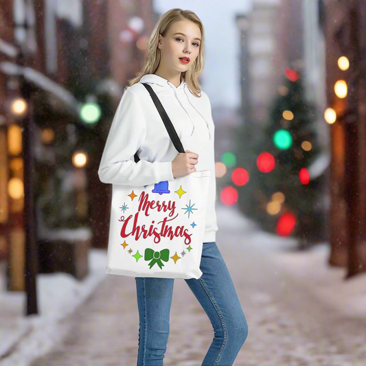 Handmade White Christmas Tote Bag | Merry Christmas Cloth Tote | Eco-Friendly Holiday Gift Bag