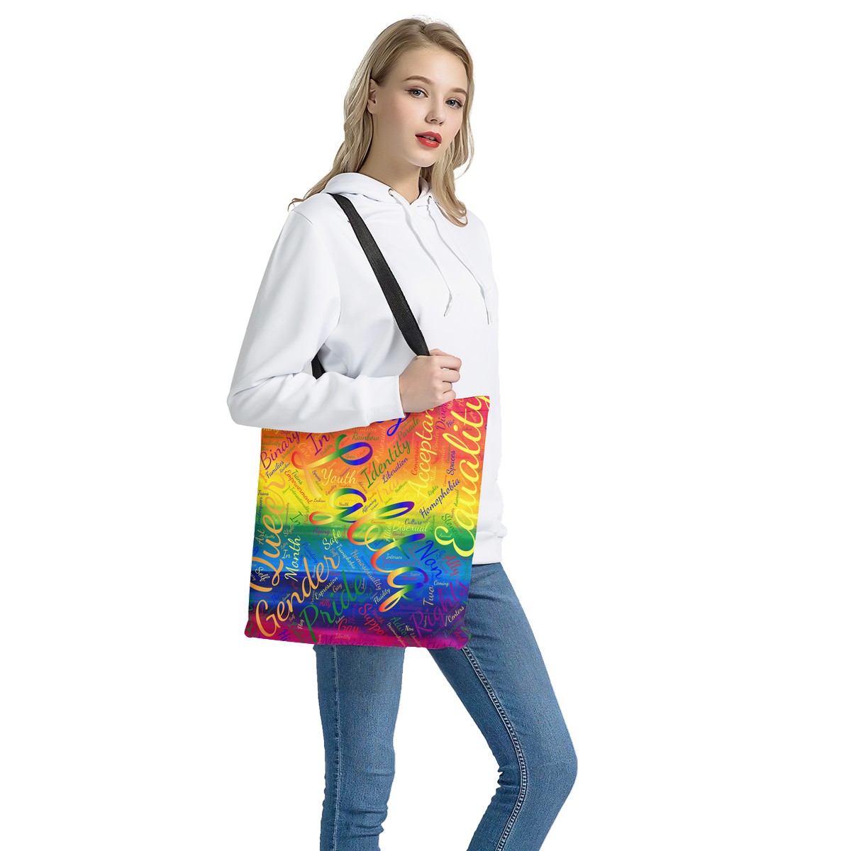 Luxtrini Rainbow Word Cloud Tote | Customizable, Durable Polyester-Cotton Blend | Stylish Cloth Tote Bag