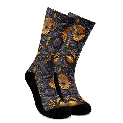 Gold Flowers Woodcut Crew Socks