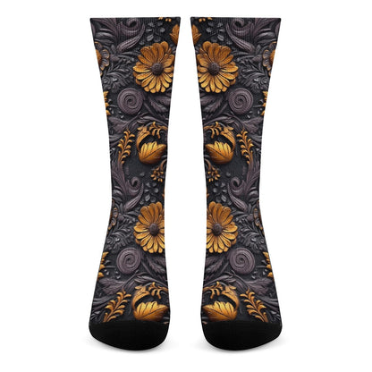 Gold Flowers Woodcut Crew Socks