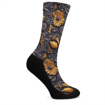 Gold Flowers Woodcut Crew Socks