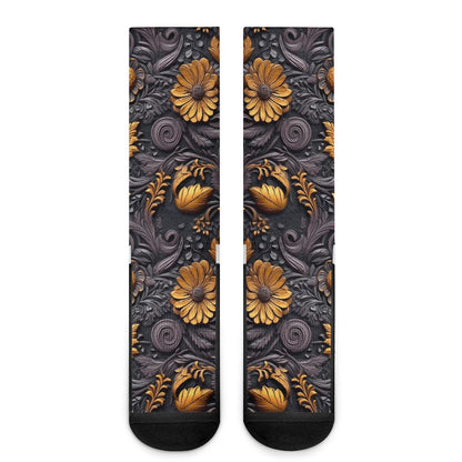 Gold Flowers Woodcut Crew Socks