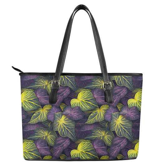 Luxtrini Iridescent Syngonium: Purple and Yellow Leather Tote Bags