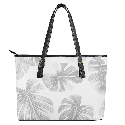 White Monstera Leather Tote Bags