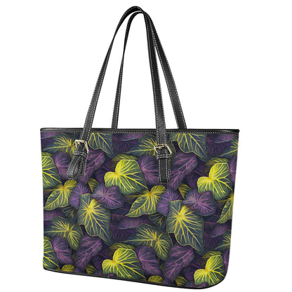 Luxtrini Iridescent Syngonium: Purple and Yellow Leather Tote Bags