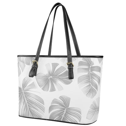 White Monstera Leather Tote Bags