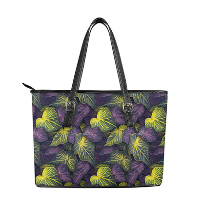 Luxtrini Iridescent Syngonium: Purple and Yellow Leather Tote Bags