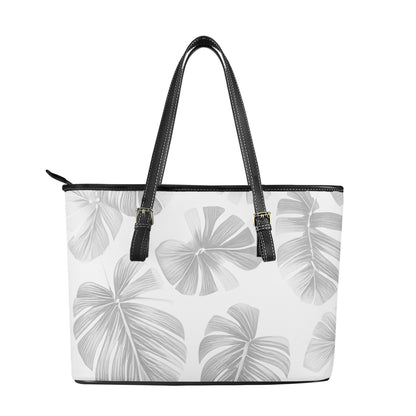 White Monstera Leather Tote Bags