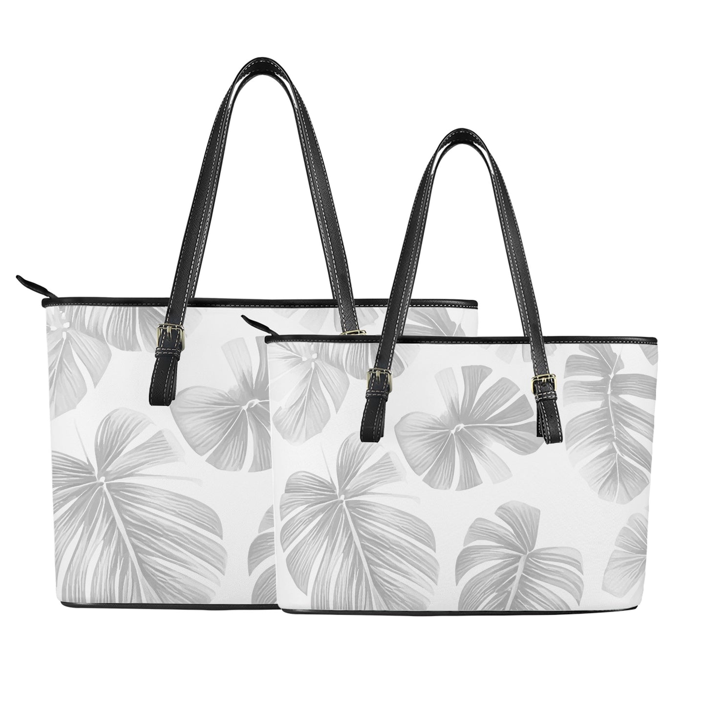 White Monstera Leather Tote Bags