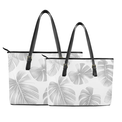 White Monstera Leather Tote Bags