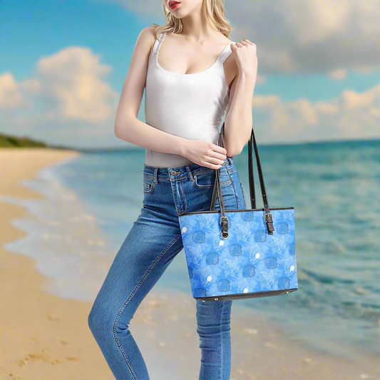 Blue Seashell - Leather Tote Bag