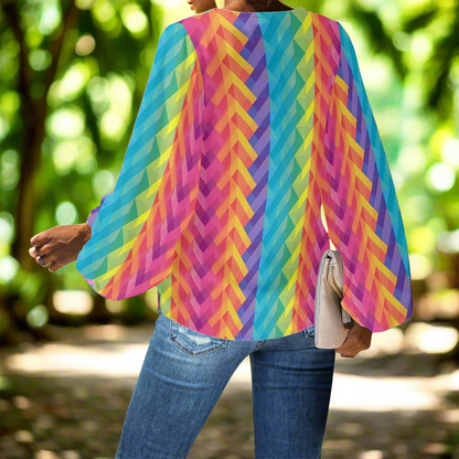 V-Neck Chiffon Puff Sleeve Blouse with Geometric Rainbow Patterns – Bold and Stylish by Luxtrini