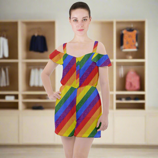 Ruffle Cut Out Chiffon Playsuit - Rainbow Pride