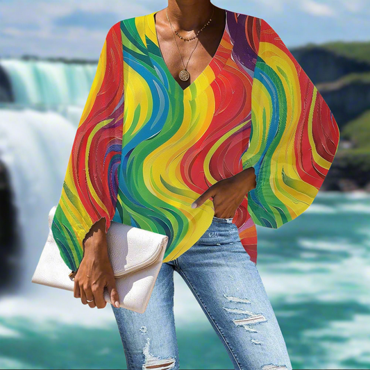 Vibrant Rainbow Wave V-Neck Chiffon Puff Sleeve Blouse by Luxtrini