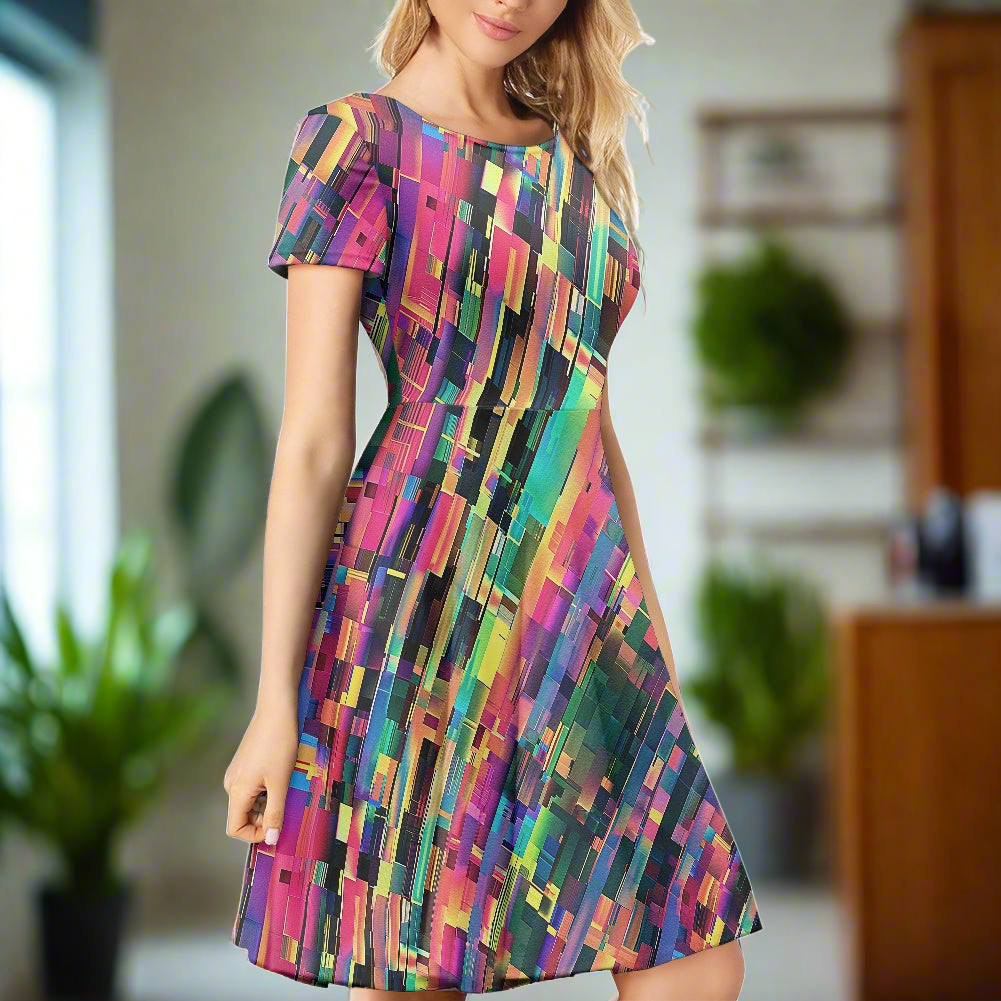 Rainbow Glitch Women Scoop Neck Short Sleeve Ruffle Dress