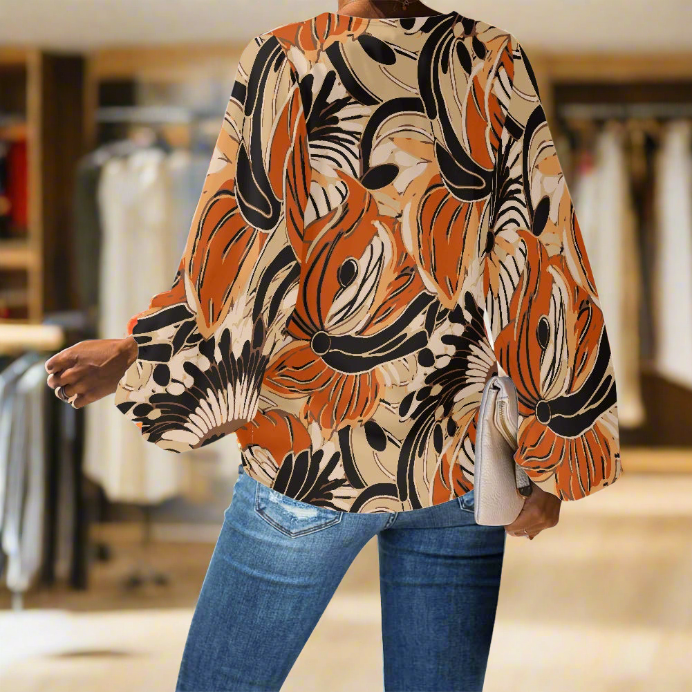 African Ethnic Floral pattern V-Neck Chiffon Puff Sleeve Blouse by Luxtrini