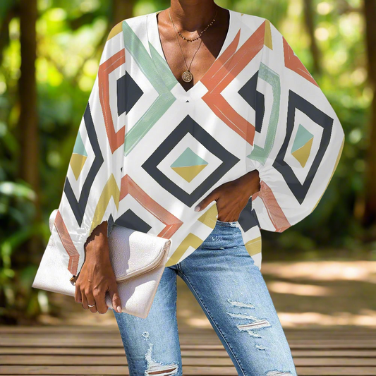 V-Neck Chiffon Puff Sleeve Blouse with Geometric Patterns – Modern and Stylish by Luxtrini