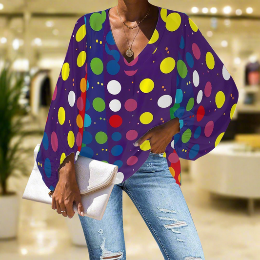 Large Polka Dots on Purple V-Neck Chiffon Puff Sleeve Blouse by Luxtrini