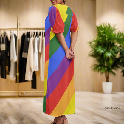 Rainbow Puff Sleeve Dress - Soft Polyester, Unique Collarbone-Flattering Design, Perfect for Multiple Occasions