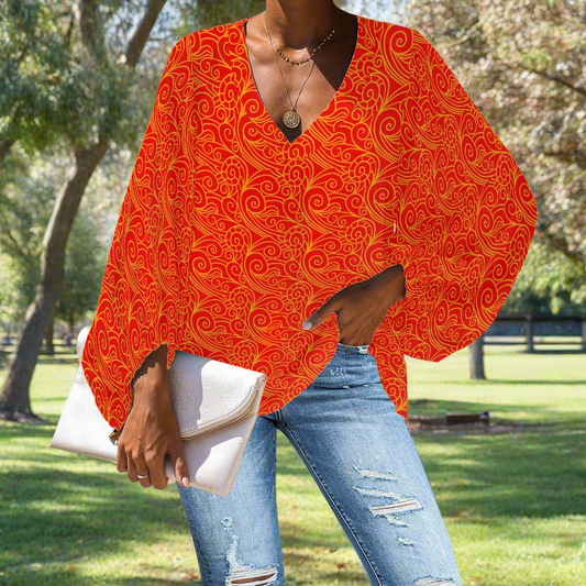 Orange Wind V-Neck Chiffon Puff Sleeve Blouse by Luxtrini