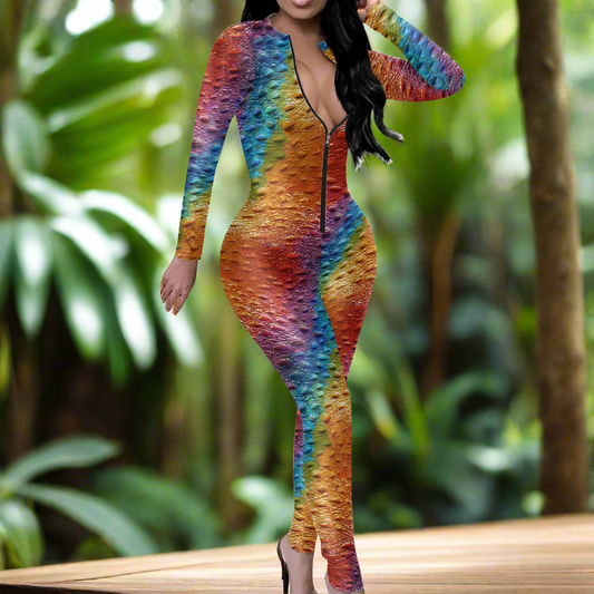 Unique Ostrich Skin pattern Rainbow Pride Women's Plunging Neck Jumpsuit