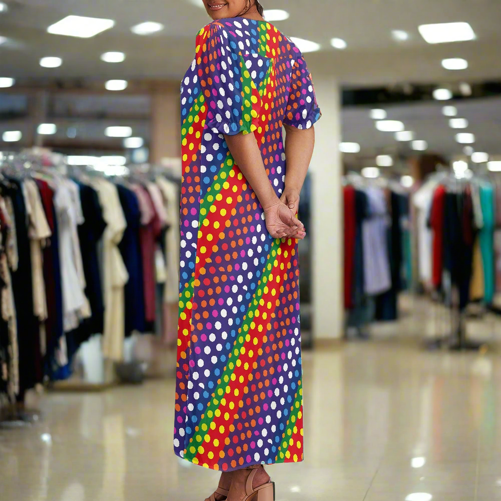 LGBTQ-Friendly Rainbow Polka Dot 
Elegant Loose-Fit Maxi Dress with Half Puff Sleeves, Button-Down Front, and Gathered Yoke – Perfect for Summer by Luxtrini