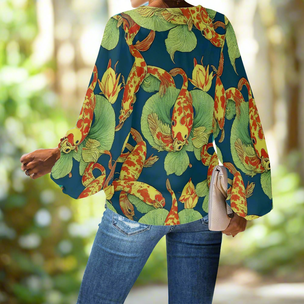 Koi Abstract V-Neck Chiffon Puff Sleeve Blouse by Luxtrini