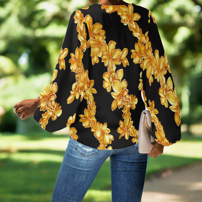 Golden Floral on Black V-Neck Chiffon Puff Sleeve Blouse by Luxtrini