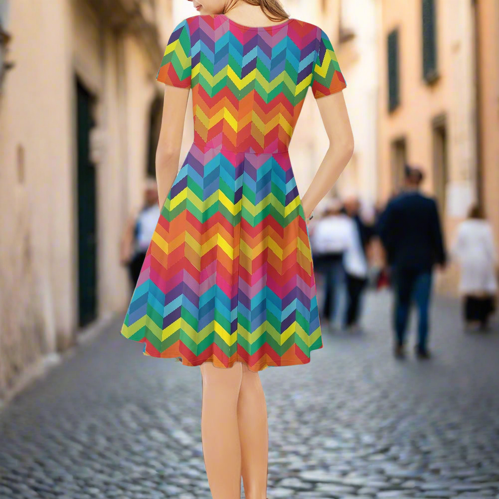 Rainbow Chevron Women V-Neck Short Sleeve Ruffle Dress